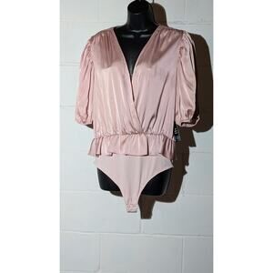 NWT EXPRESS Satin Bodysuit Top Ruffle Short Sleeve V Neck Wrap Blouse Large